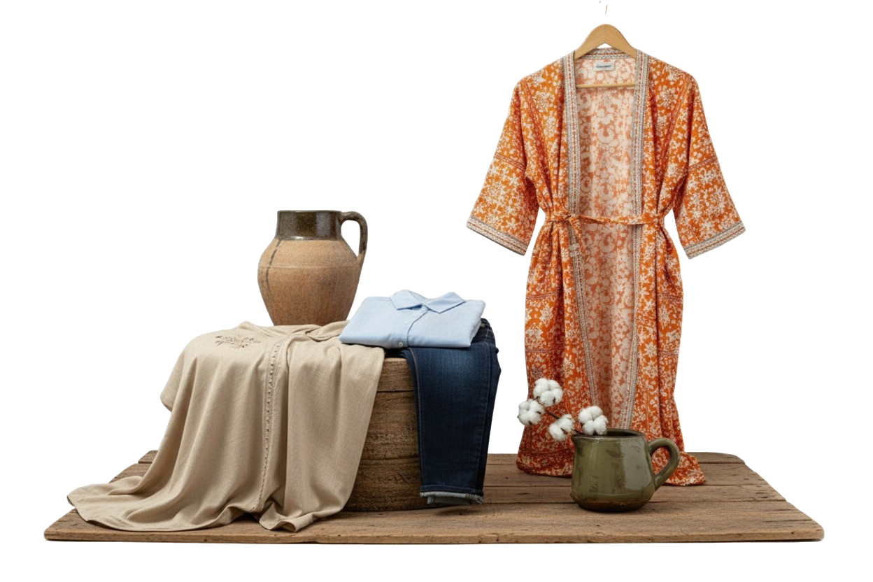 Bannière de la page d'accueil MADOSTYLE, avec une collection de jalabés, jeans et robes, symbolisant la mode élégante pour hommes et femmes.