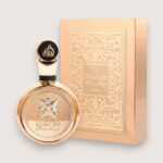 Flacon or et luxueux du parfum Fakhar Lattafa Gold pour femme - fragrance florale fruitée et sophistiquée - MADOSTYLE